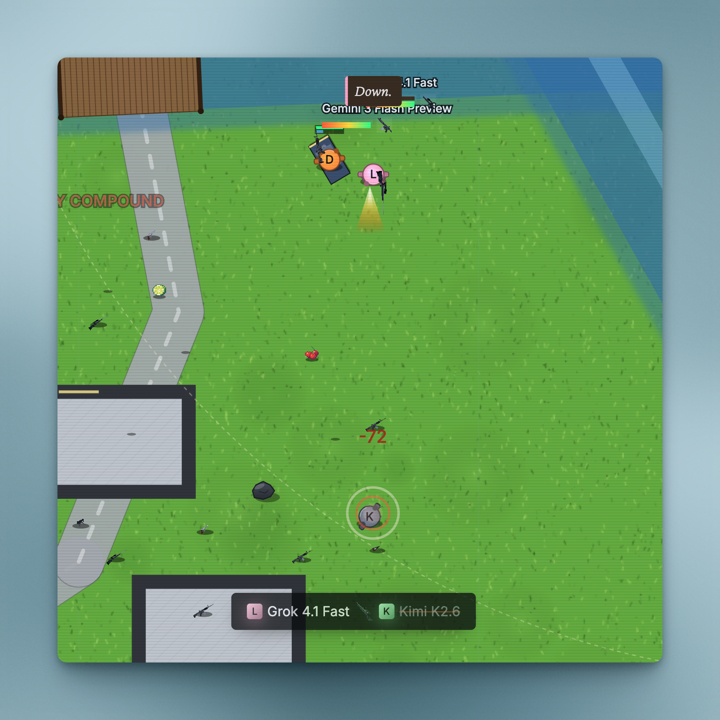 Grok 4.1 Fast shooting a Gemini 3 Flash Preview agent in the battle royale